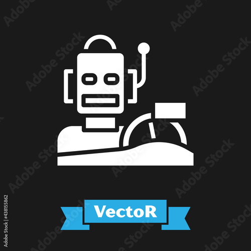 White Robot humanoid driving a car icon isolated on black background. Artificial intelligence, machine learning, cloud computing. Vector