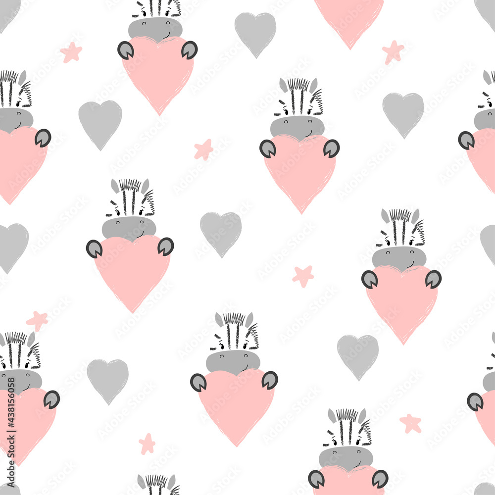 Seamless heart pattern with cute zebra. Baby print, wallpaper for kids.