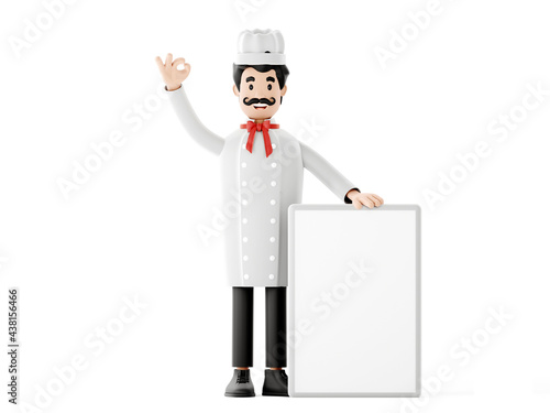 Cartoon character, chef with banner, empty menu mockup. Cheerful chef smiles. 3d rendering
