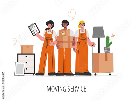 Group of caucasian,african-american people in uniform help to move.Male and female workers carry boxes and furniture.