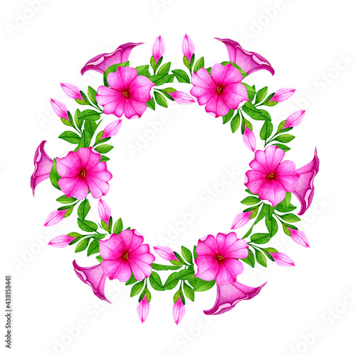 Summer round floral wreath with watercolor pink petunia flowers and buds.Natural decorative template,on white background.
