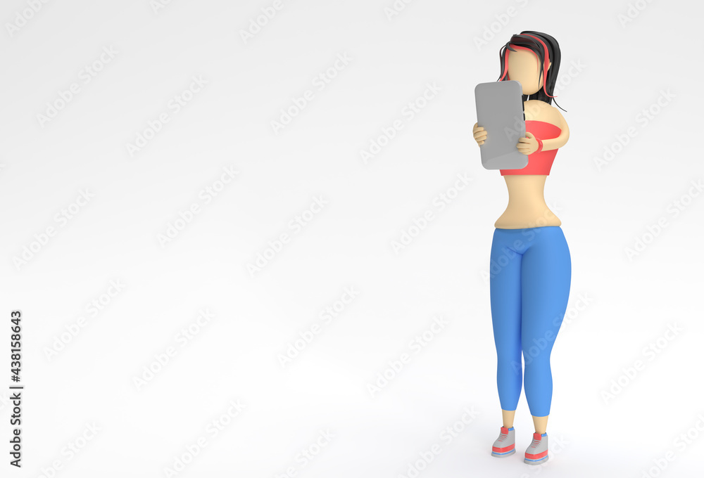 3D Render Woman Holding Smartphone and Showing Blank Screen on a Red Background.