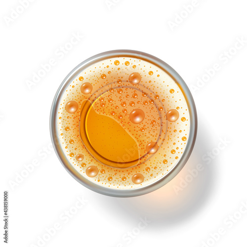Realistic vector beer in glass top view, foamy light beer or ale, alcoholic drink with bubbles, vector icon.