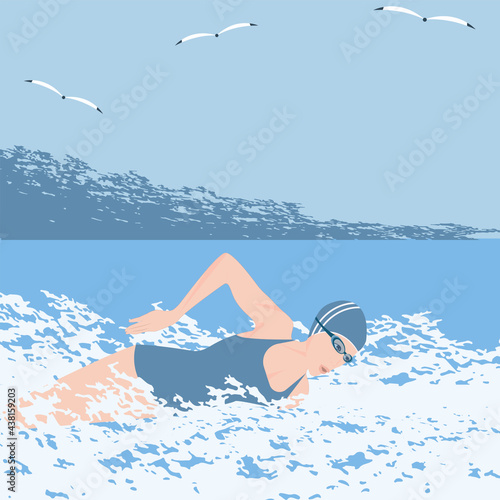 Swimmer. Seascape in grunge style - vector. Active sports.