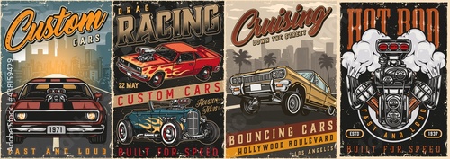 American custom cars vintage colorful posters