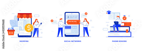 People use gadgets. set of icons, illustration. Smartphones tablets user interface social media.Flat illustration Icons infographics. Landing page site print poster.