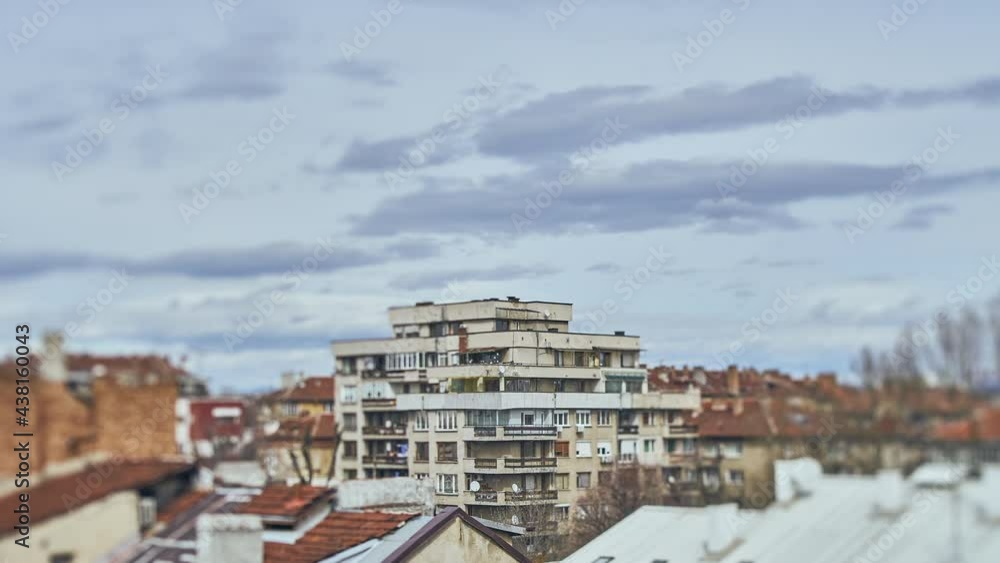 4K tilt shift timelapse of buildings and clouds in Sofia, the capital of Bulgaria. 4K tilt shift timelapse of buildings and clouds in Sofia, the capital of Bulgaria.