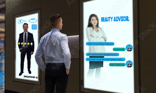 smart retail concept customer use voice command technology combined chatbot on smart digital signage to find the satisfaction suitable suit by use artificial intelligence with augmented mixed virtual