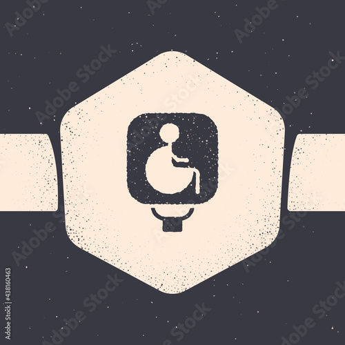 Grunge Disabled wheelchair icon isolated on grey background. Disabled handicap sign. Monochrome vintage drawing. Vector