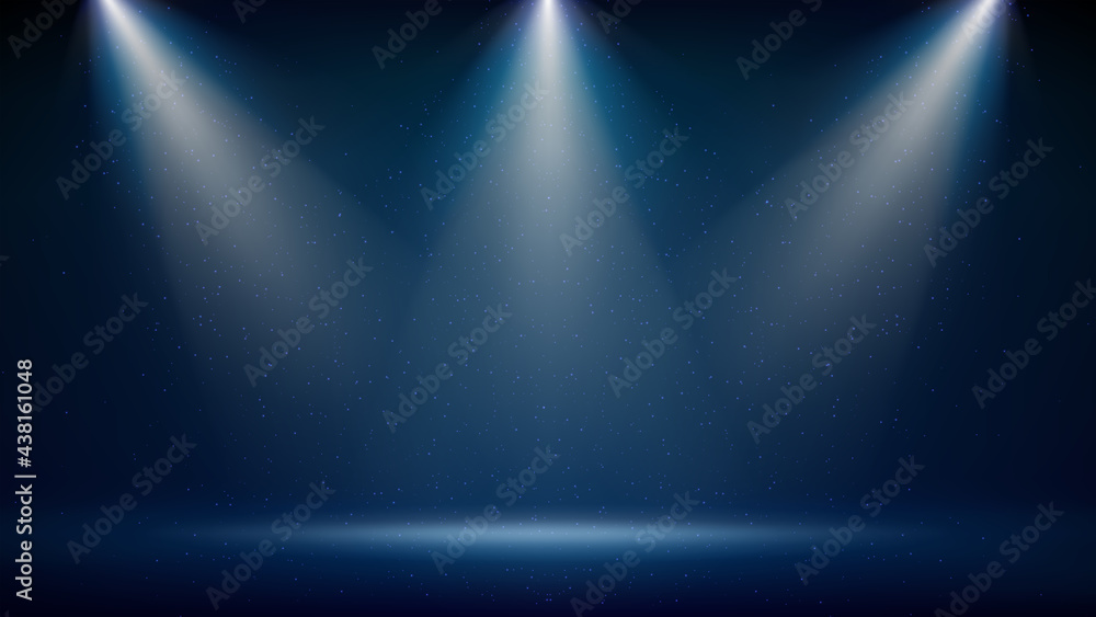 Spotlight backdrop. Illuminated blue stage. Background for displaying products. Bright beams of spotlights, shimmering glittering particles, a spot of light. Vector illustration - obrazy, fototapety, plakaty 