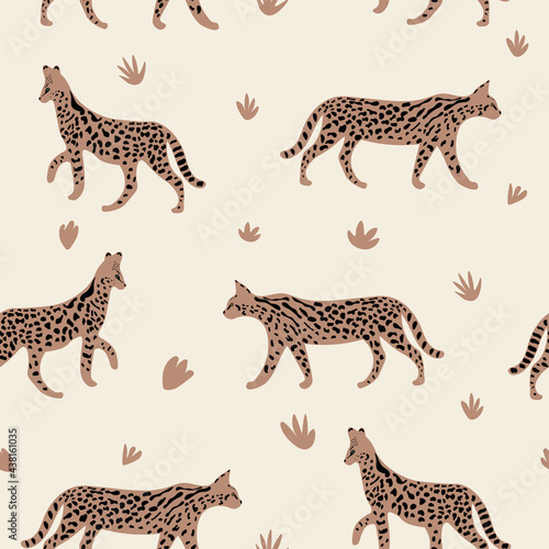 Leopard or cheetah exotic animal.  Cute cartoon character. Vector seamless pattern with wild cat  . Perfect for print  cards  fabric  textile.