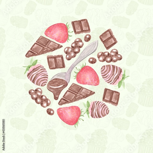 Decorative circle of watercolor illustrations, chocolate strawberries and spoons with chocolate on a patterned green background
