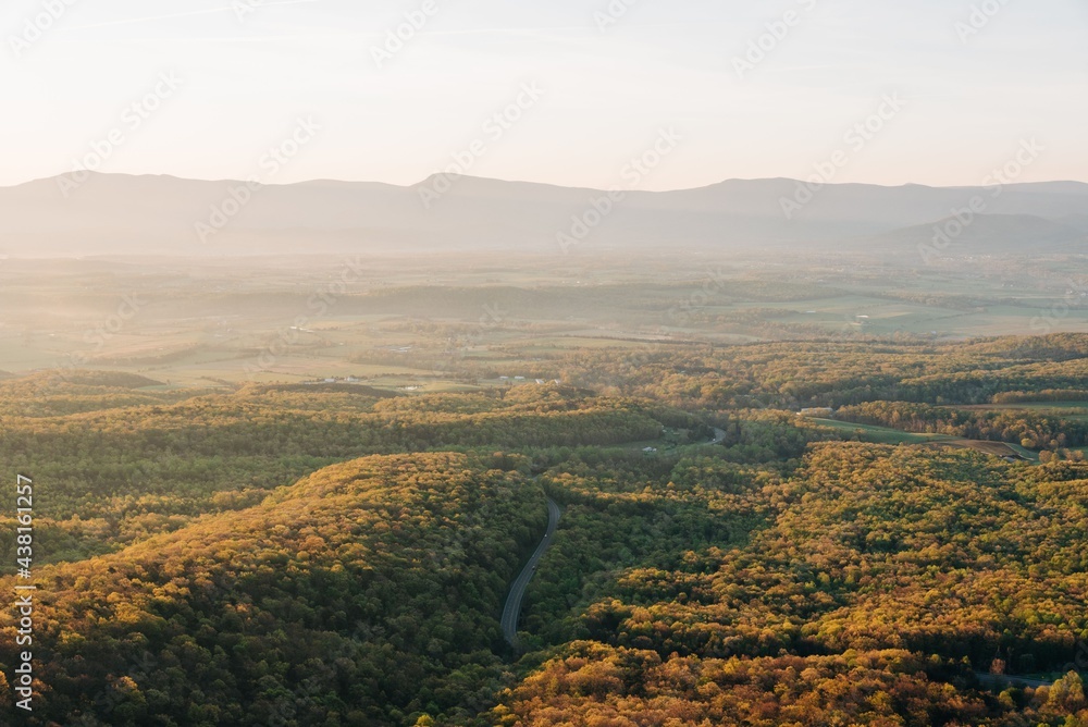 View of the Shenandoah Valley and Blue Ridge Mountains at sunrise, from the Massanutten Storybook Trail in Luray, Virginia