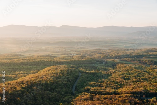 View of the Shenandoah Valley and Blue Ridge Mountains at sunrise, from the Massanutten Storybook Trail in Luray, Virginia