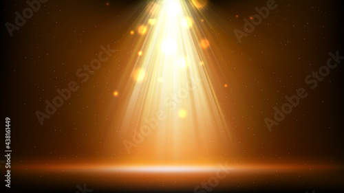 Gold spotlight background. Illuminated golden stage. Background for displaying products. Bright beams of spotlights, shimmering glittering particles, a spot of light. Vector illustration