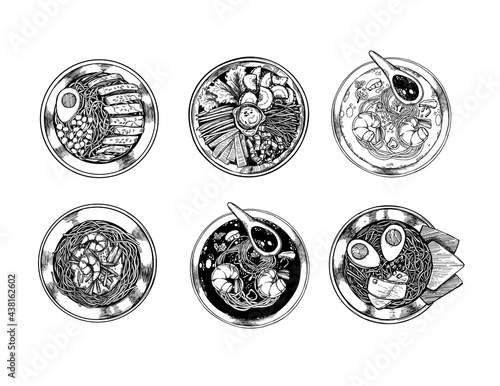 Hand drawn vector illustration. Asian food. Different types of ramen, noodle, tom yam soup, bibimbap with shrimp, salmon and vegetables. Perfect for menu and flyers for cafes, restaurants