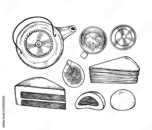 Hand drawn vector illustration. Asian routine. Traditional tea with teapot, tea cups, gaiwan, tea. top view. Matcha cakes. Perfect for menu and flyers for cafes, restaurants
