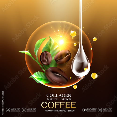 Coffee Collagen Serum  and Vitamin for Skincare and Cosmetic Products.