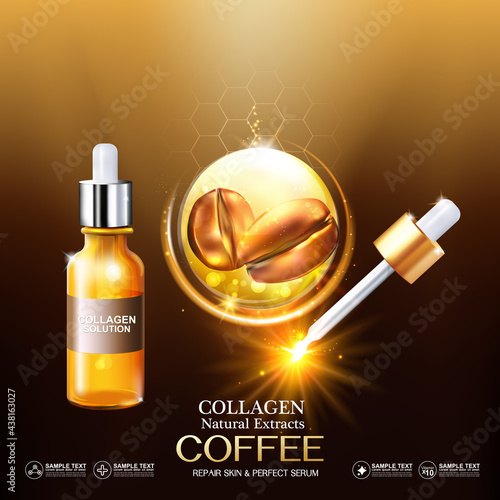 Coffee Collagen Serum  and Vitamin for Skincare and Cosmetic Products.