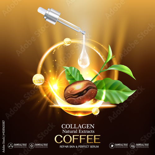 Coffee Collagen Serum  and Vitamin for Skincare and Cosmetic Products.