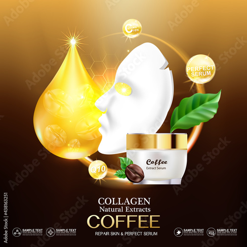 Coffee Collagen Serum  and Vitamin for Skincare and Cosmetic Products.