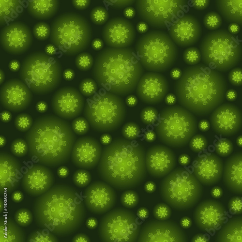 Virus cell seamless pattern, poisonous green luminous molecules on dark background. Close-up coronavirus, bacteria under microscope. Biological threat, medical research, vaccination vector concept.