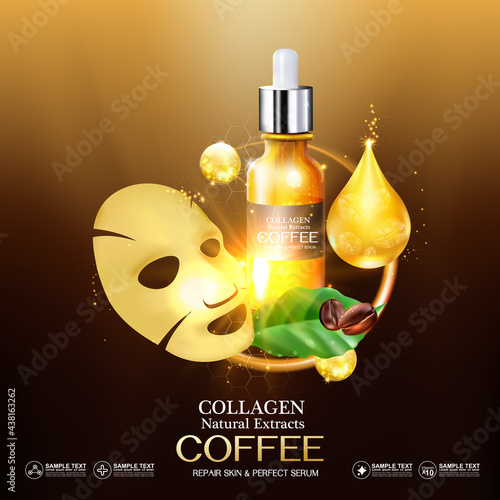 Coffee Collagen Serum  and Vitamin for Skincare and Cosmetic Products.