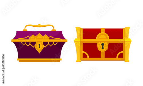 Gold Casket or Jewelry Box as Decorated Small Container Vector Set