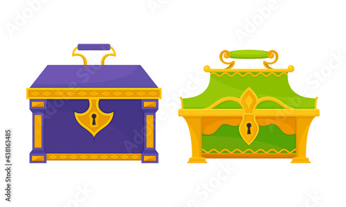 Gold Casket or Jewelry Box as Decorated Small Container Vector Set