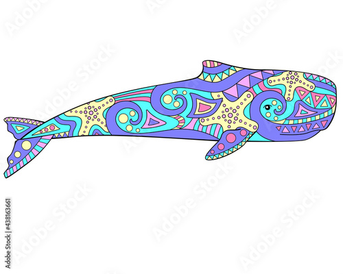 Sperm whale - vector linear full color illustration - with marine mammal. Sea animal sperm whale. Template for stained glass, batik or coloring.