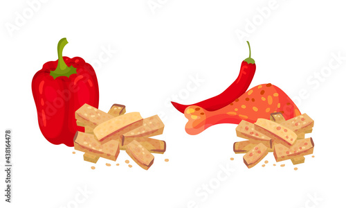 Flavored Crouton as Pieces of Seasoned Rebaked Bread Vector Set