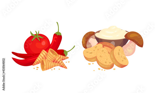 Flavored Crouton as Pieces of Seasoned Rebaked Bread Vector Set