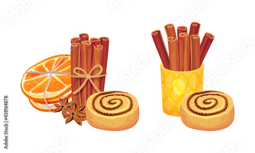 Dried Cinnamon Bark Strips or Sticks with Bun and Orange Slices Vector Set