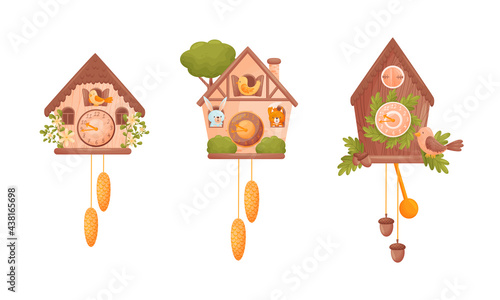 Wooden Cuckoo Clock with Hanging Pendulum and Bird Vector Set