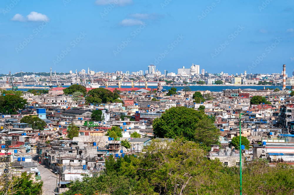 Aerial view of Regla town and Havana city skyline, Cuba