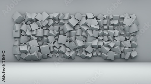 3d rendering of a geometric background. There are many cubes of different sizes in the white wall. Abstract background. A set of geometric objects.