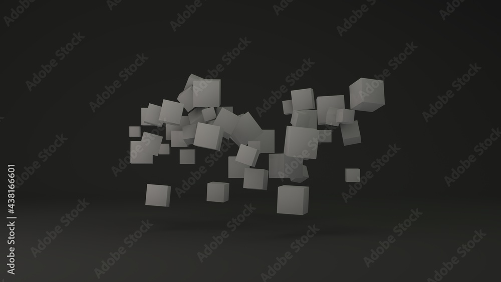 3d rendering of a geometric background from a variety of cubes of different sizes. Cubes in the black studio. Illustration for abstract compositions. 3d rendering of a geometric background from a variety of cubes of different sizes. Cubes in the black studio. Illustration for abstract compositions.