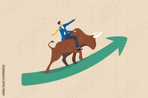 Stock market bull market, financial asset value and price rising up, investor and trader gain more profit concept, confident businessman investor riding bull running on rising up upward green graph.