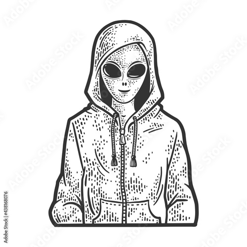 Alien in Hoodie sweatshirt line art sketch engraving vector illustration. T-shirt apparel print design. Scratch board imitation. Black and white hand drawn image.