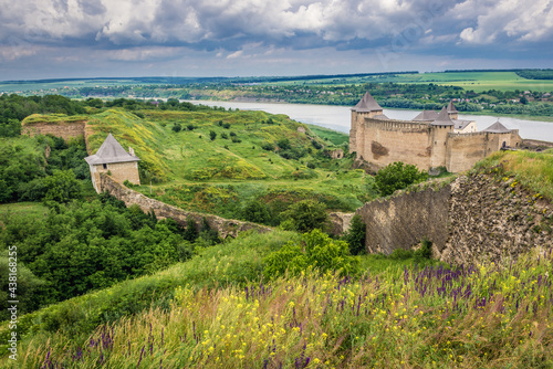 Distance view of Khotyn Fortress, fortification complex in Khotyn town in Ukraine photo