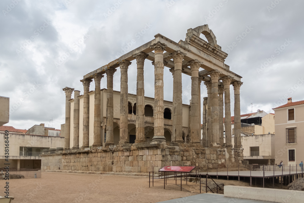 Full view at the roman ruin historical landmark monument Temple of Diana Full view at the roman ruin historical landmark monument Temple of Diana