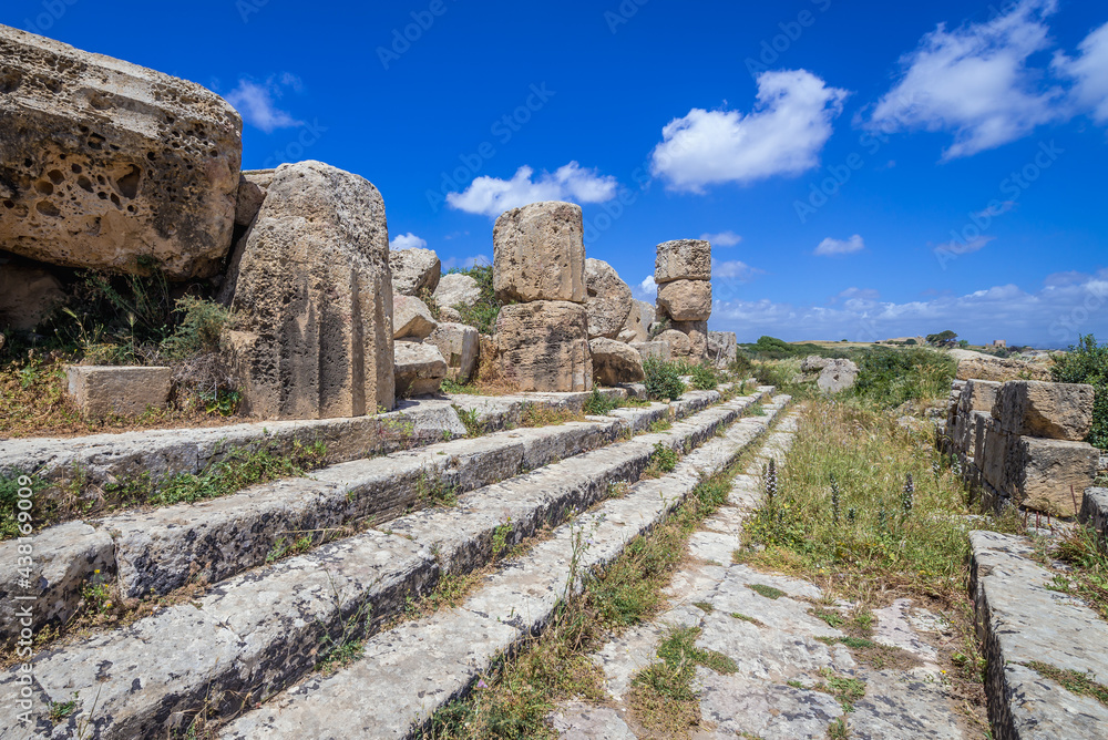 Remains of Athena or Aphrodite Temple, Acropolis of Selinunte ancient city on Sicily Island in Italy