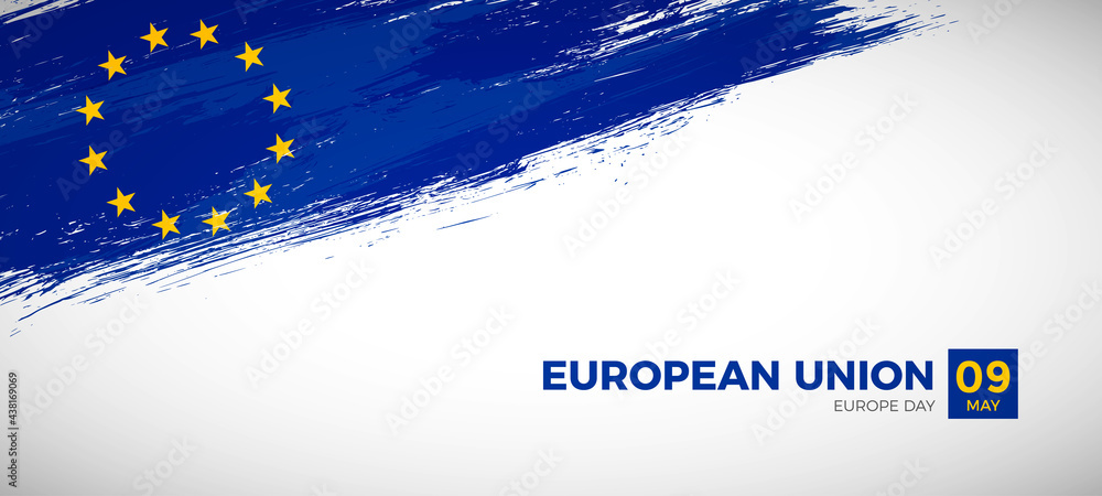 Happy europe day of European Union with brush painted grunge flag background - obrazy, fototapety, plakaty 