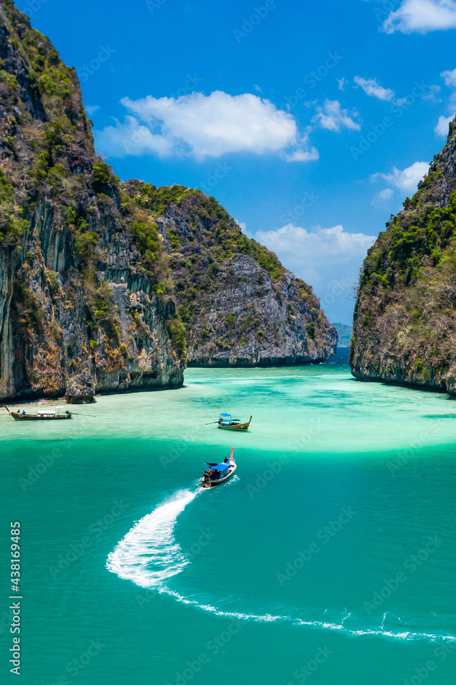 Pileh lagoon in Phi Phi Leh island, Famous place snorkel, Andaman sea, Krabi, phuket, Travel in your dream Thailand, Beautiful destination place Asia, Summer holiday outdoor vacation trip. - obrazy, fototapety, plakaty 