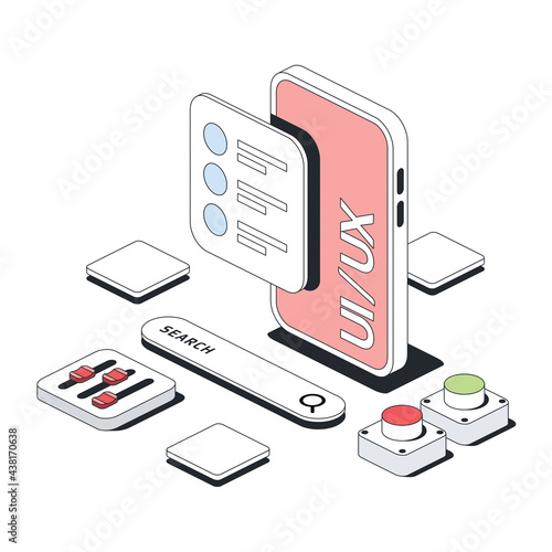 Mobile app design elements, application development. Vector 3d line isometric, color web icons, new flat style. Creative design idea for infographics.
