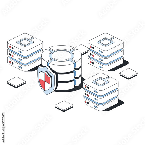 Server, database, security shield. Vector 3d line isometric, color web icons, new flat style. Creative design idea for infographics.