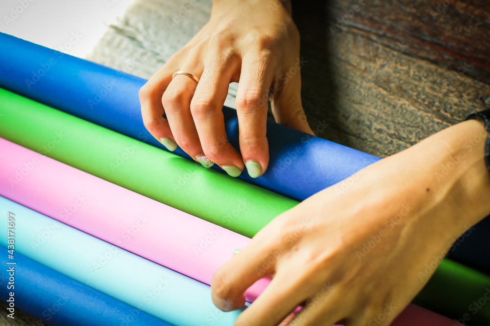 Obraz premium Fabric colorful and design. texture artmaterial pattern. textile colors yellow rainbow orange green cloth purple.