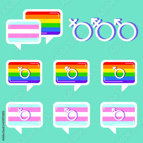A month of gay pride. Flat design signs. Dialogue sign. LGBT and transgender flag. LGBTQ + symbology. 