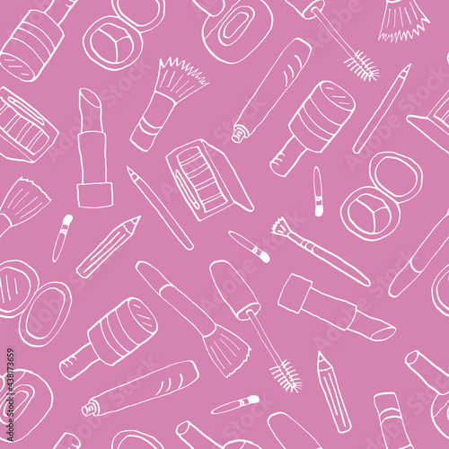Cosmetics and beauty products icons. Vintage seamless patterns with cosmetics elements. Hand drawn doodles. Stylish graphic texture for your design. Beautiful background. Vector illustration