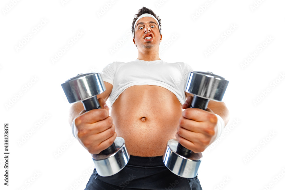 Fat man doing workout traning with dumbbells. Happy guy isolated over white background. Fat man doing workout traning with dumbbells. Happy guy isolated over white background.